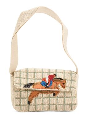 Beige Embroidered Equestrian Shoulder Handbag